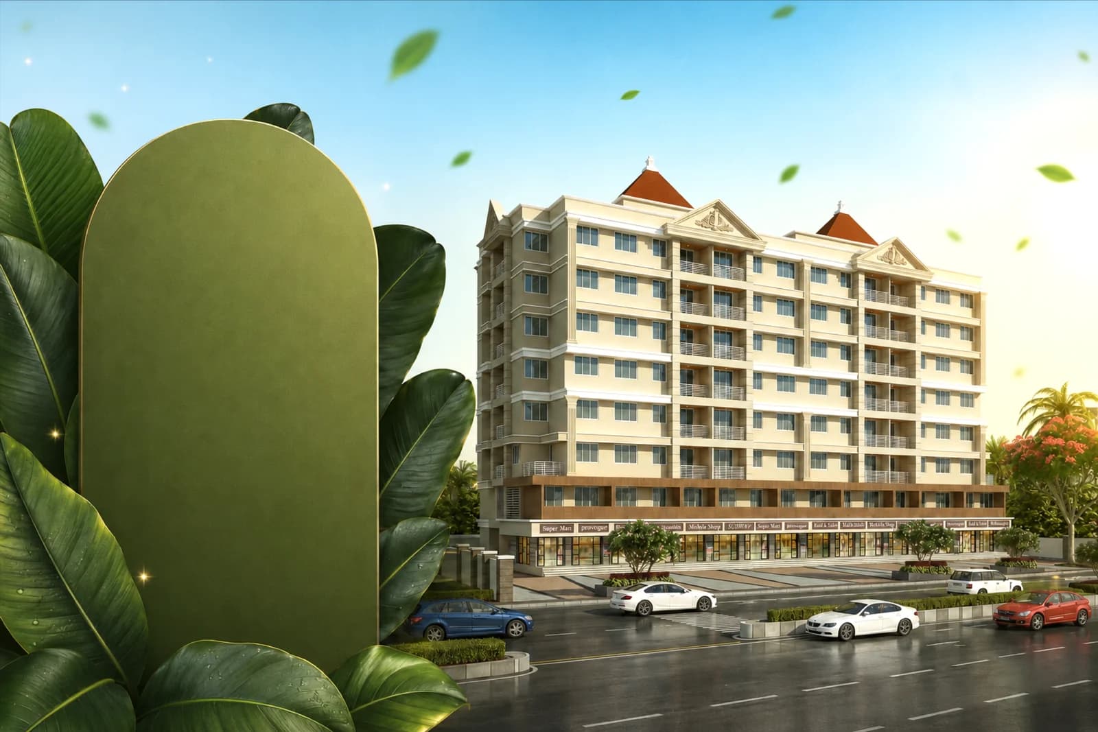 Rajlaxmi Acacia: a road-facing residential and commercial building surrounded by greenery